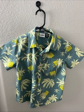 SpongeBob Squarepants Green Tropical Palm Print Button-Down Shirt Sz S Vacay